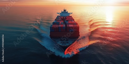 A large container ship sailing on the open sea at sunset.