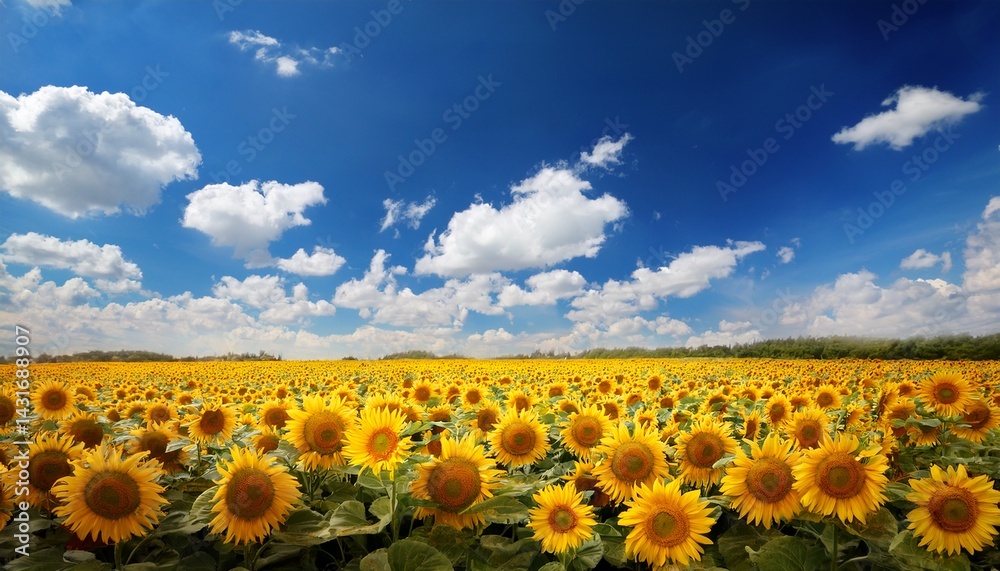 Obraz premium yellow flowers sunflowers on field on background blue sky with white clouds