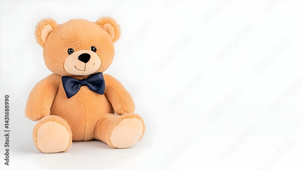 Obraz premium A plush brown teddy bear wearing a blue bow tie sitting on a white background