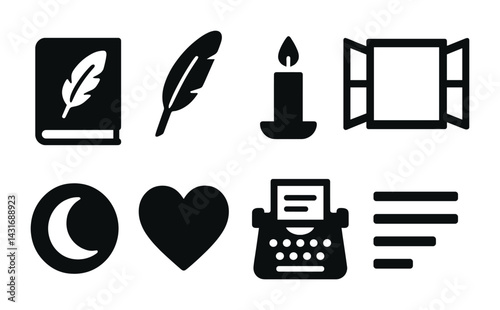 Vintage writing and creativity solid icons set – flat style literary, poetry, and inspiration symbols for creative projects: book, quill, candle, window, moon, heart, typewriter, lines.