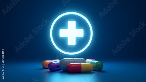 Glowing plus sign over colorful pills on a blue surface representing medical and health concepts