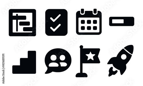 Project management solid icons set – flat style productivity, task planning, and organization symbols: gantt chart, checklist, calendar, progress bar, steps, chat, flag, rocket