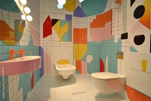 A playful bathroom with geometric wall patterns, bright colors, and quirky, unique fixtures to add personality