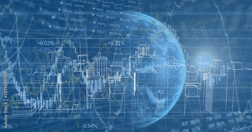 Image of globe and financial data processing over 3d cityscape drawing Image of globe and financial data processing over 3d cityscape drawing