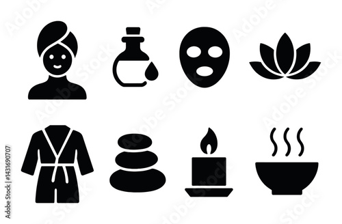 Spa and wellness silhouette icons set – solid style relaxation, self-care, and beauty symbols for health retreats: facial mask, oil bottle, lotus flower, robe, candle.