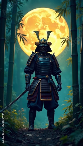Samurai warrior in armor standing stoically in bamboo forest under full moon, background, bushido, armor