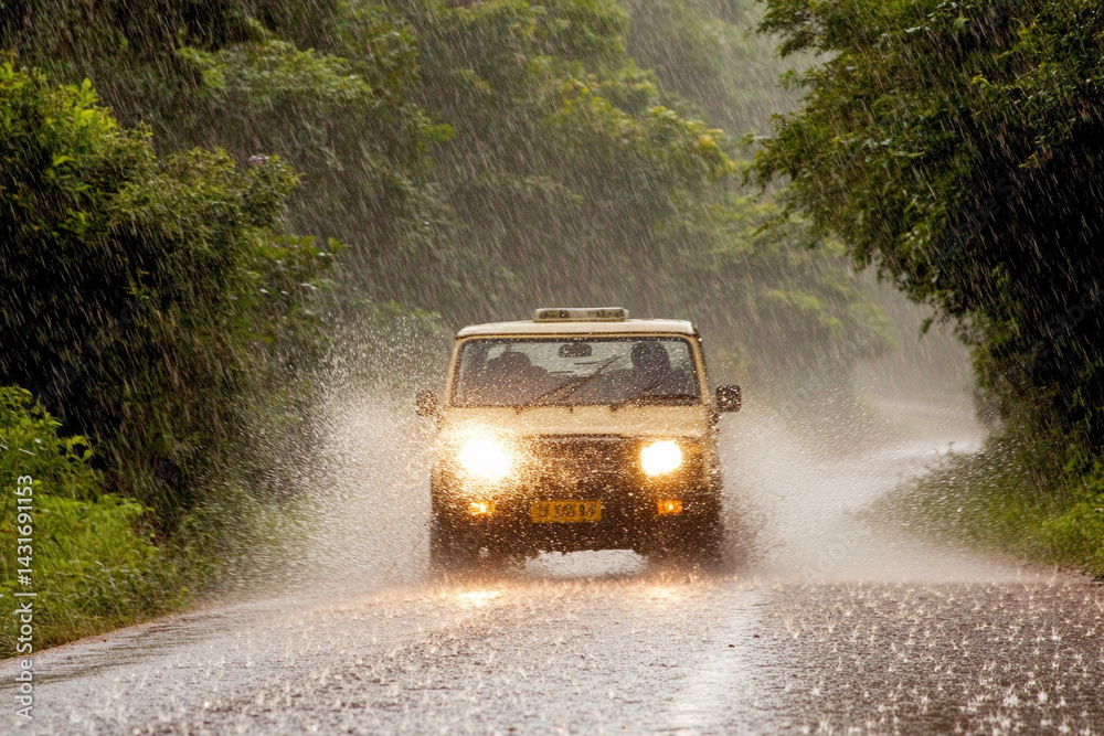 Car navigates through heavy rain on a secluded countryside road with lush greenery surrounding the pathway Car navigates through heavy rain on a secluded countryside road with lush greenery surrounding the pathway