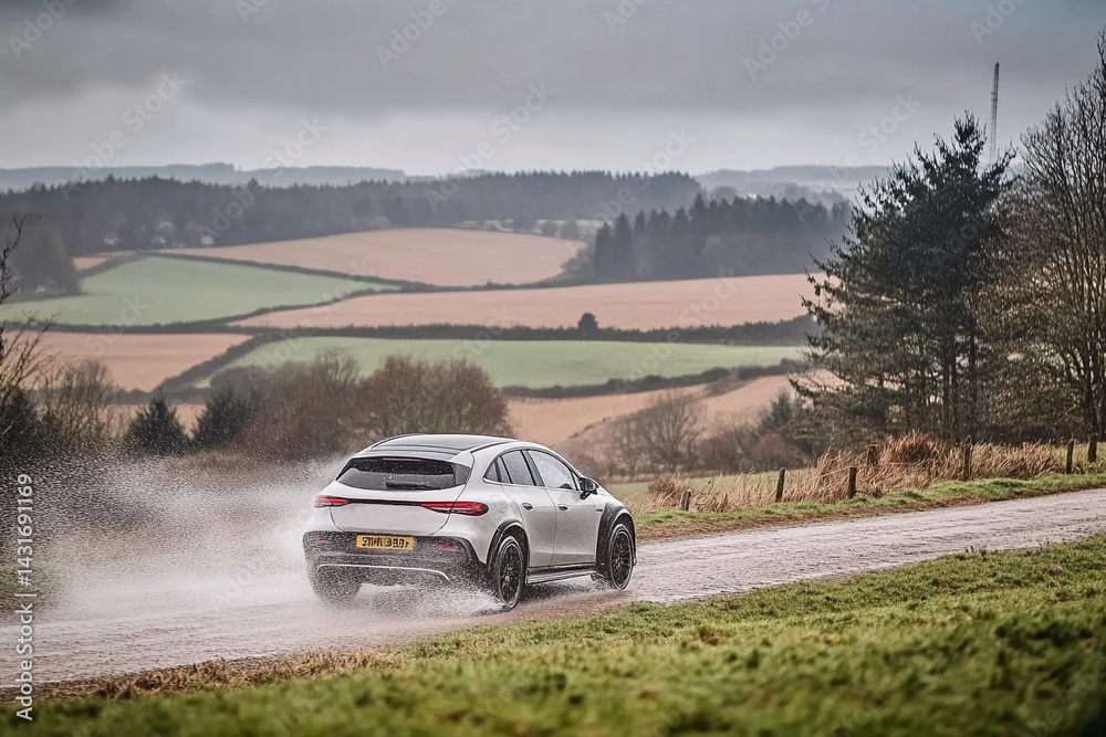 Car drives through heavy rain on countryside road surrounded by lush fields and distant hills Car drives through heavy rain on countryside road surrounded by lush fields and distant hills