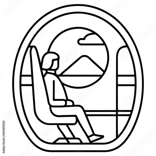 Person On Airplane Travel Looking Out Window With Mountain View Outline
