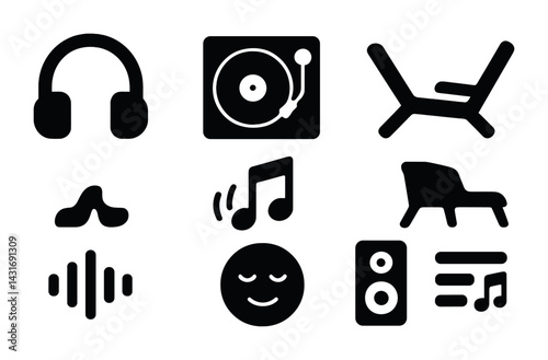 Music and relaxation solid icons set – filled style entertainment, audio, and leisure symbols for relaxing time: headphones, turntable, lounge chair, soundwave, music notes, smiley face, speaker,