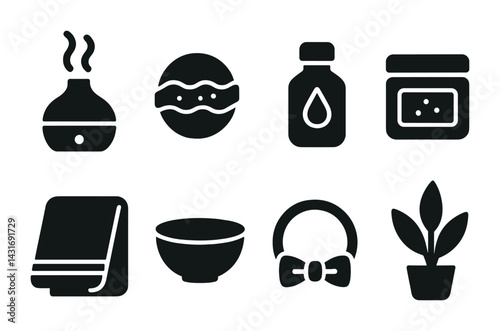Wellness and self-care solid icons set – filled style spa, relaxation, and beauty symbols for mindfulness practices: diffuser, bath bomb, essential oil, skincare jar, towel, bowl, headband, plant.