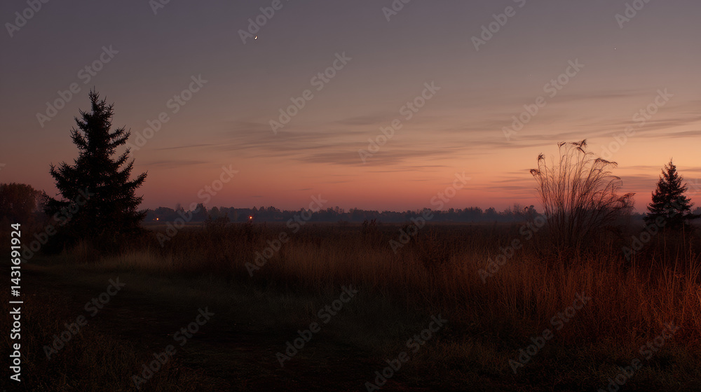 Fototapeta premium A serene landscape showcases a lone pine tree silhouetted against the beautiful hues of the evening sky du a peaceful autumn sunset over a grassy field.