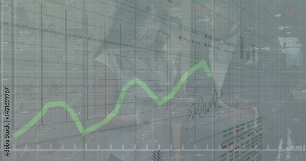 Obraz premium Image of financial data processing over diverse business people in office