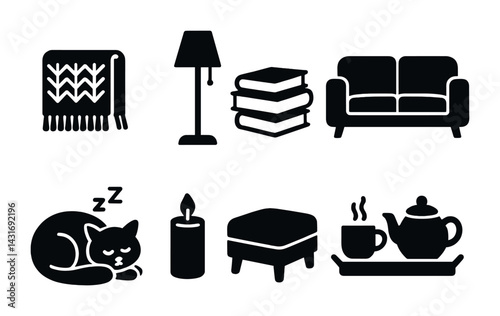 Cozy home life icon set – solid style comfort, relaxation, and decor symbols for interior design: blanket, lamp, books, sofa, sleeping cat, candle, footstool, tea set