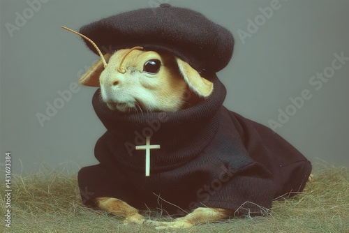 Stylish Rabbit in a Beret and Sweater with Cross