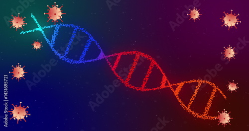 Displaying vibrant DNA double helix spiraling in abstract space, with stylized virus particles