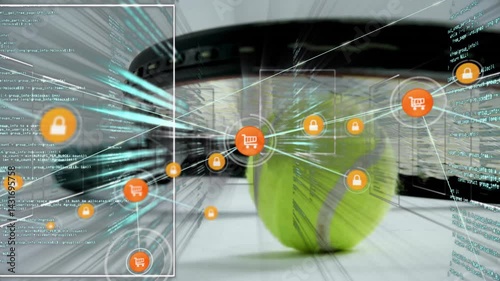 Tennis ball bouncing in racket strings, connecting shopping cart and lock icons with network lines