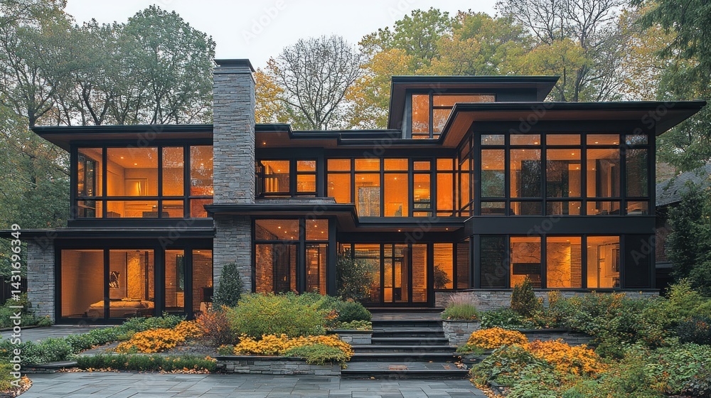Fototapeta premium Modern Luxury Home in Autumn Setting