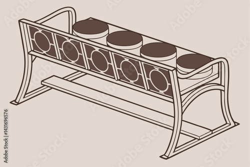 20 Minimalist bench design, circular brown cushions, geometric arrangement, modern furniture, sleek metal frame, repetitive pattern, monochromatic color scheme, sculptural seating, balanced compositio