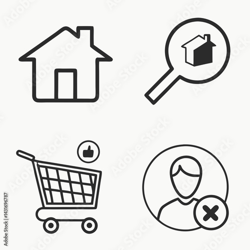 Real Estate Icons Set House Search Cart And User Deletion Symbol Line