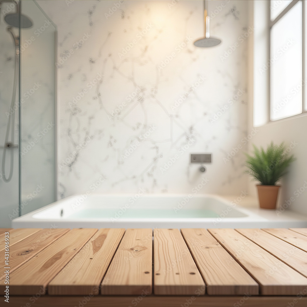 Fototapeta premium Modern bathroom with white bathtub and wood floor