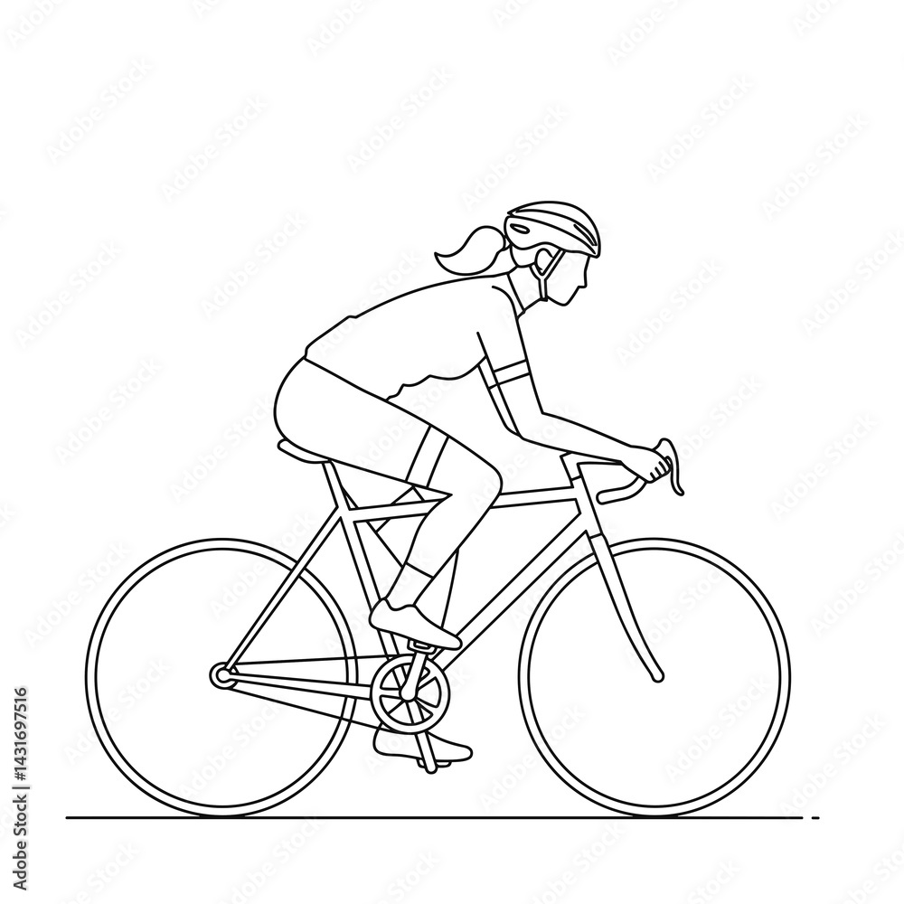 Fototapeta premium Cycling fitness icon — woman on road bike, endurance sport line art illustration