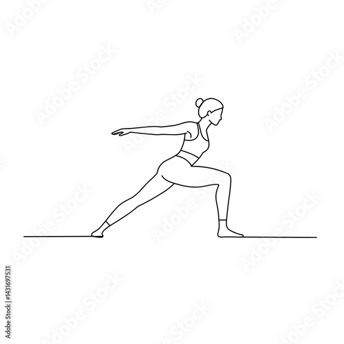Fitness stretching icon — woman in lunge pose, yoga and flexibility exercise line art illustration