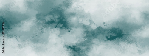 Abstract teal watercolor cloudscape. Soft white vintage or antique distressed texture. Beautiful grunge blue background with space. Old grunge design cement wall texture.