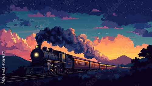 Vintage steam train with billowing smoke, night sky backdrop, vector illustration