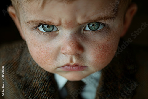 Close-up of a toddlers face serious expression freckled skin green eyes