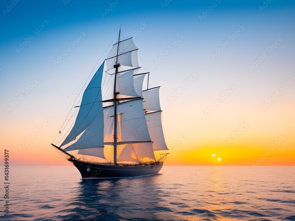 Majestic sailing ship gracefully gliding across a tranquil ocean at sunset, bathed in warm golden light and a vibrant sky. Majestic sailing ship gracefully gliding across a tranquil ocean at sunset, bathed in warm golden light and a vibrant sky.