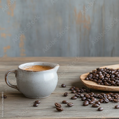 Fresh coffee beans and rustic cup on wooden surface still life