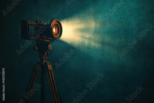 Vintage camera on a tripod with a light beam coming out of the lens, creating a spotlight effect