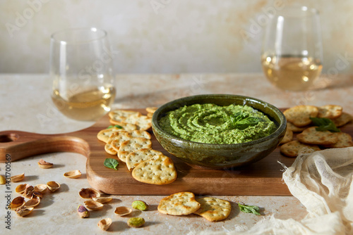 Basil Feta Pistachio Dip with Crackers on a Cutting Board