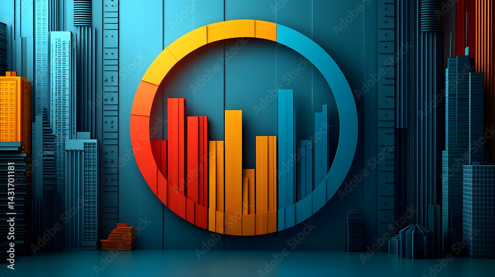 Obraz premium Abstract city skyline with integrated circular graph showcasing data visualization