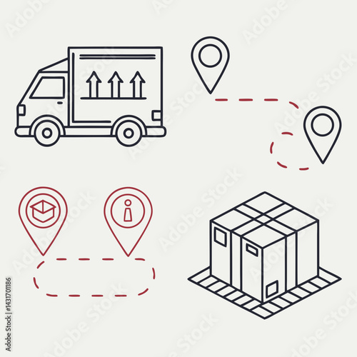 Delivery Truck And Shipping Route Showing Logistics And Information Markers On Route