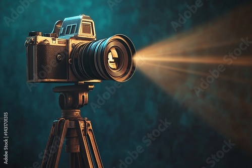 Vintage camera on a tripod with a light beam coming out of the lens, creating a spotlight effect,
