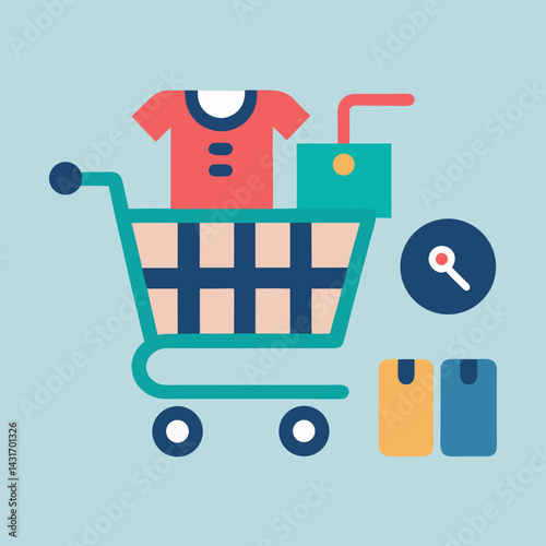 Shopping Cart With Clothing And Packages Flat Vector Icon Illustration