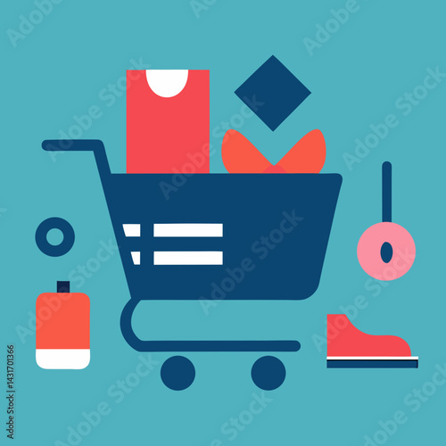 Shopping Cart With Diverse Items In Flat Vector Design Isolated On Cyan