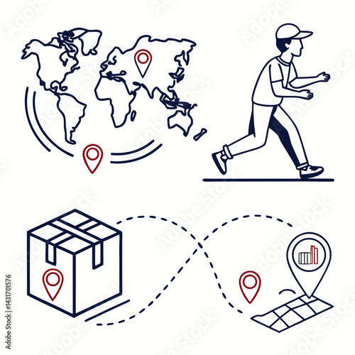 International Shipping Logistics With World Map And Delivery Guy Vector Illustration