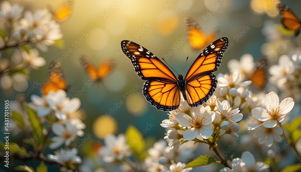 Fototapeta premium Monarch butterflies fluttering among delicate white blossoms in a sunlit garden scene