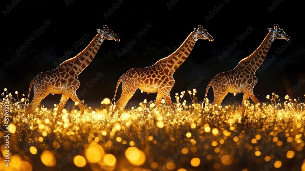 Obraz premium Three giraffes walk across a field of glowing flowers at night