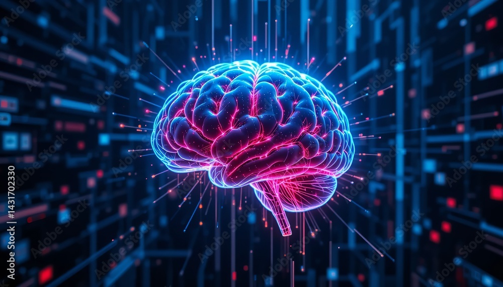 Illuminated brain with neon glow against a dark digital background with abstract light streaks Illuminated brain with neon glow against a dark digital background with abstract light streaks
