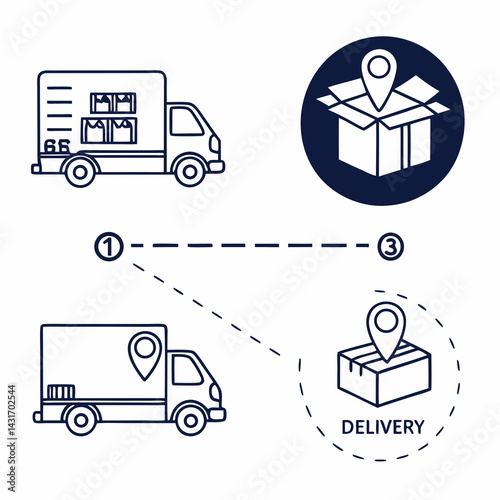 Outline Illustration Representing Package Delivery Phases With Icons And Numbered Steps In The Process