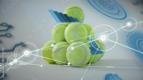 Pyramid stack of tennis balls getting overlaid with glowing interface lines and blue bar charts