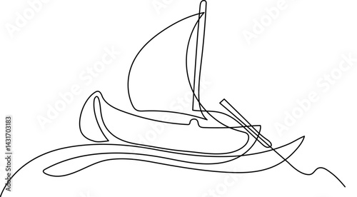 Wooden boat in continuous one line drawing. Single line art illustration of river boat. Editable vector. Sailboat continuous one line icon drawing on white background, Sea boat vector 