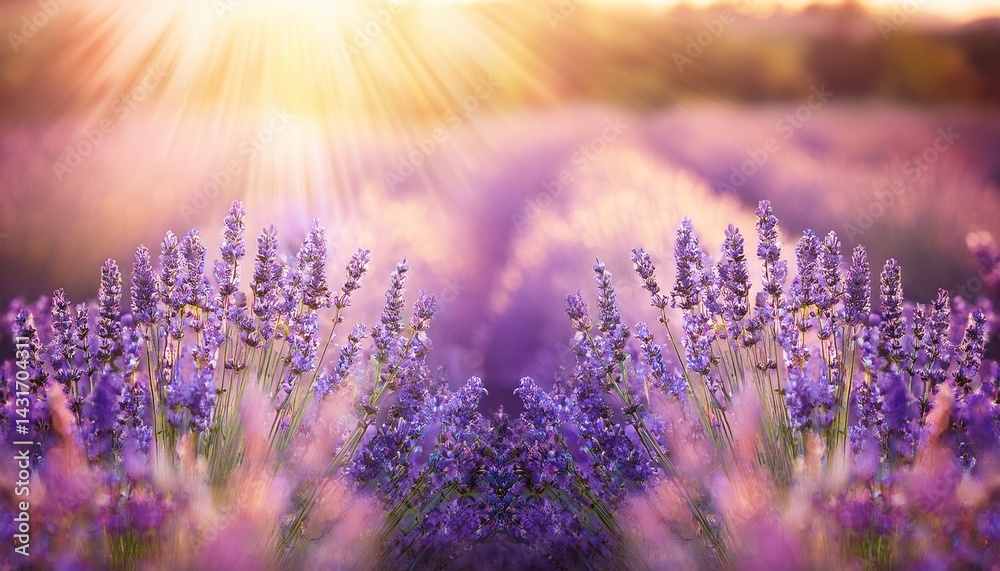 Naklejka premium soft focus on beautiful lavender and sun rays sunbeams