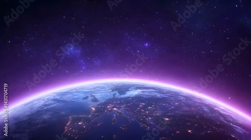 Earth's horizon illuminated with a purple glow against a backdrop of twinkling stars