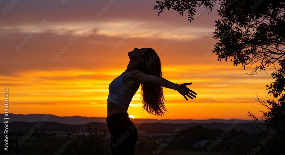 Fototapeta premium Silhouette of Woman at Sunset Freedom, Peace, and Serenity