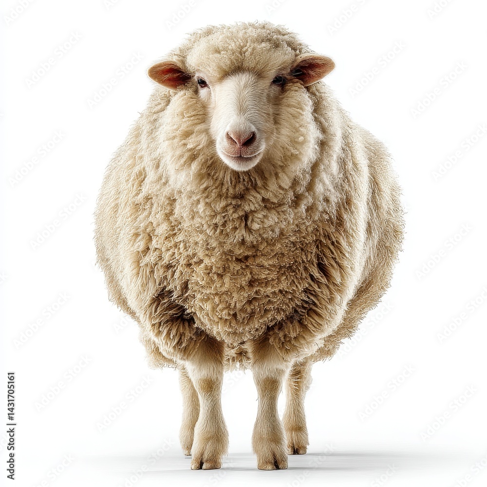 Fototapeta premium A fluffy sheep stands upright, showcasing its woolly coat against a plain background, exuding a calm and friendly demeanor.
